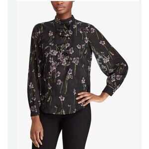 Lauren Ralph Lauren Ozarra Georgette Floral Print Mock Neck Top Womens Sz 4P